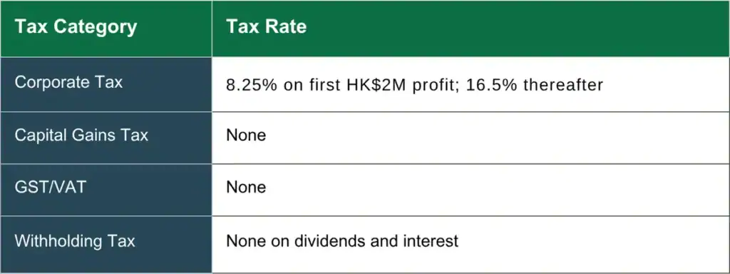 Table showing Hong Kong tax categories and their applicable rates. 