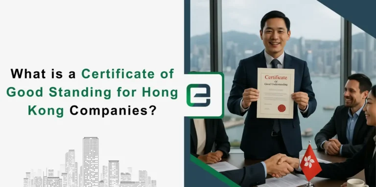 Businessman holding a Certificate of Good Standing in a Hong Kong office meeting.