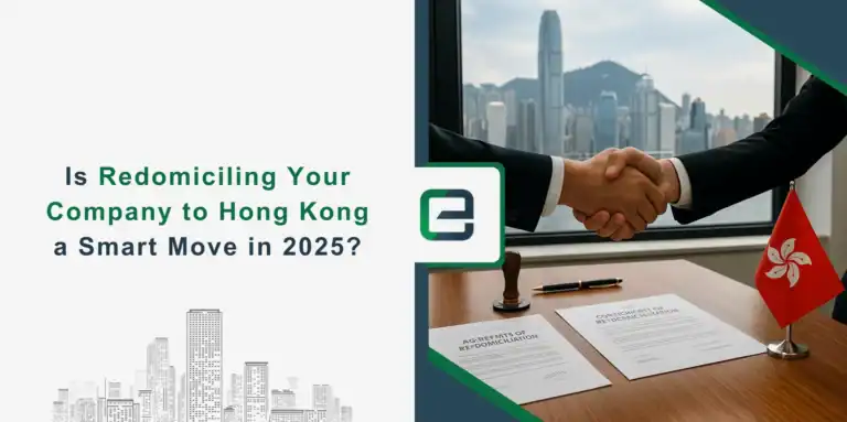 Handshake over redomiciliation documents with Hong Kong skyline and flag, 2025 business relocation