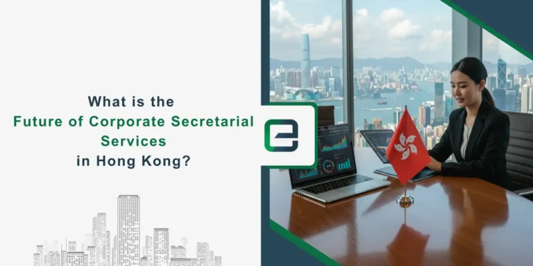Corporate secretarial services in Hong Kong office with skyline view.